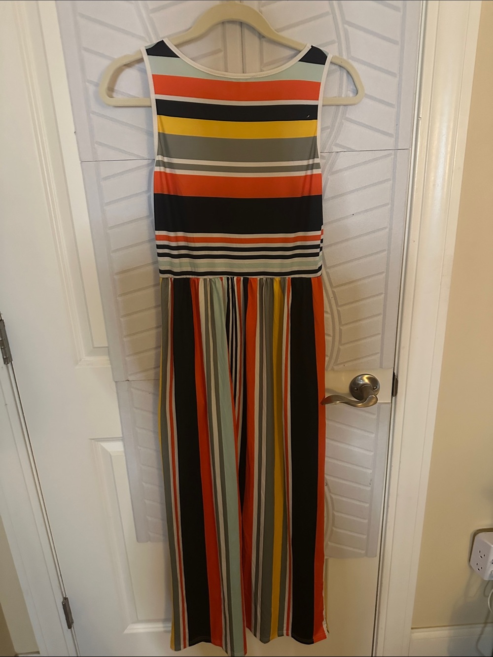 Striped Sleeveless Maxi Dress in Black, Orange, Yellow, Gray, Cream with Pockets - Picture 4 of 4